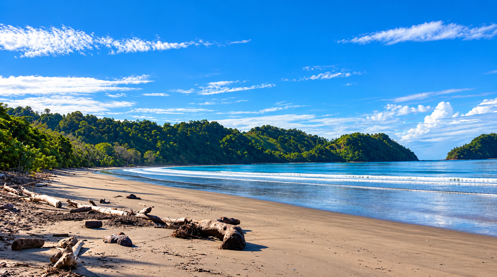 Playa Herradura: a wide calm bay ringed by green hills