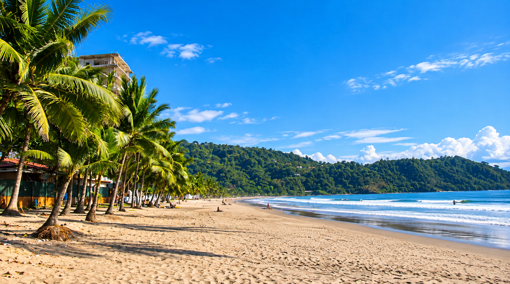 Playa Jacó: a long surf beach lined with palm trees