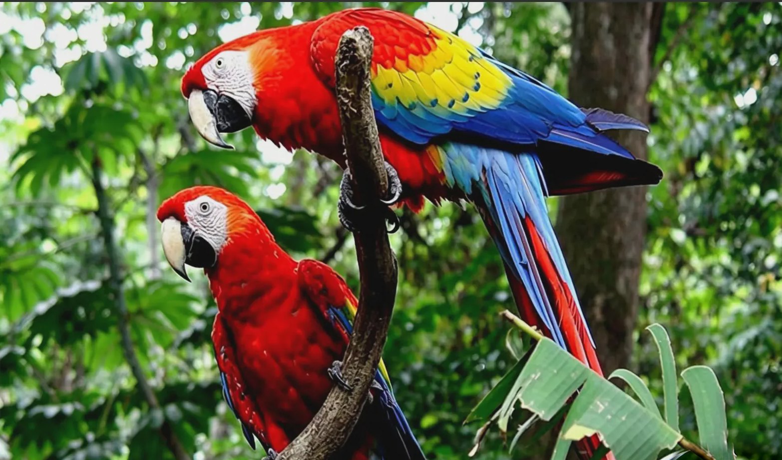 Scarlet macaws in the trees